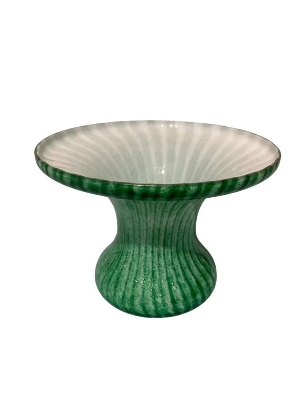 Green And White Cased Glass Vase With Fluted Rim And Striped Pattern